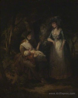 Two Women with a Baby Conversing in a Wood