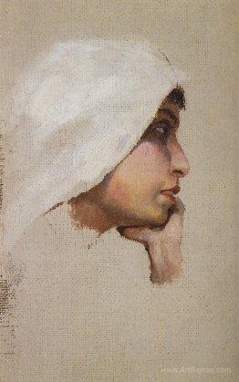 The head of a young woman in a white veil