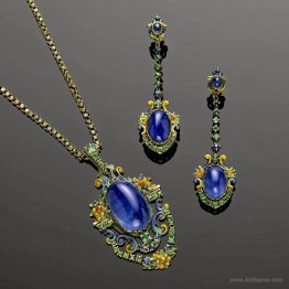 Suite of sapphire, demantoid garnet and enamel