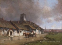 Horse and Cart With Cottage Under Stormy Sky