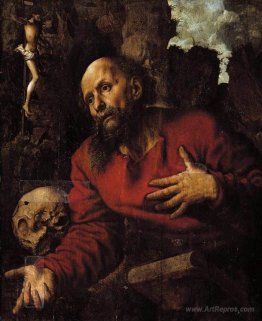 St. Jerome praying before a rocky grotto