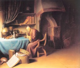 An Old Man Lighting his Pipe in a Study