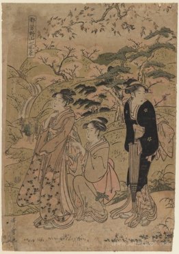 Three Courtesans Stroll Amidst Cherry Blossoms