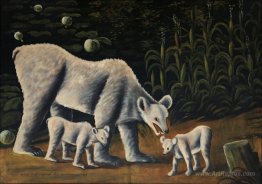 White bear with her cubs (in cornfield)