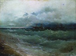 Ships in the stormy sea. Sunrise