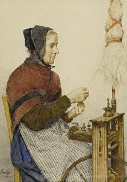 Farmer's wife at the spinning wheel