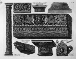 A frieze with architrave, column, two capitals, a bed, a shelf a