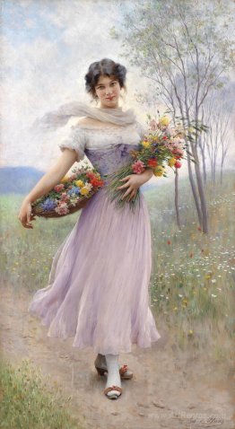 Girl in a Lilac-Coloured Dress with Bouquet of Flowers