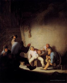 Peasants Drinking and Making Music in a Barn