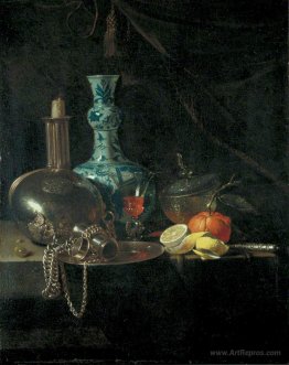 Still Life with a Pilgrim Flask, Candlestick, Porcelain Vase and