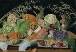 Still life with vegetables, mice and rabbits