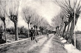 Road with Pollard Willows and Man with Broom