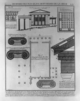 Plan, elevation and details of Doric temples in Greece (from Le