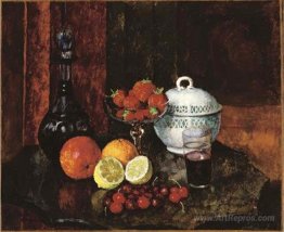 Still life with strawberries. Cherry and blue pitcher