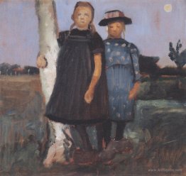 Two girls standing on the birch trunk