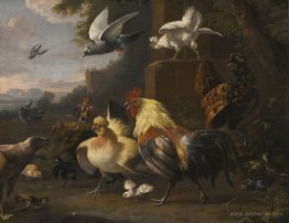 An Eagle, a Cockerell, Hens, a Pigeon in Flight and Other Birds