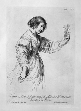 Half figure of a woman holding out a flower