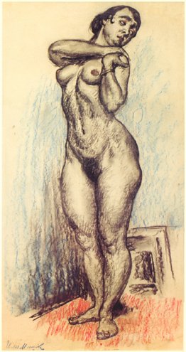 Nude standing and resting her hands on her left shoulder