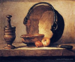 Still Life with Pestle, Bowl, Copper Cauldron, Onions and a Knif