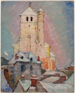 Untitled (Church in snow with rose sky)