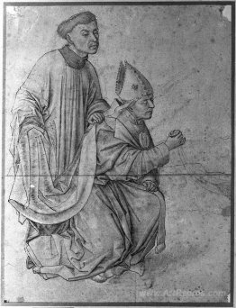 Bishop kneeling, in profile, swinging a censer, accompanied by a