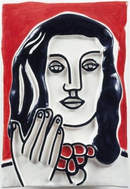 Face by hand on a red background