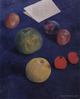 Fruit on a blue tablecloth