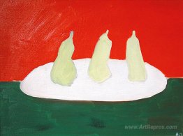 Still life, pears, green and orange background