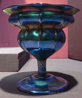 Compote, purple to blue iridescent glass