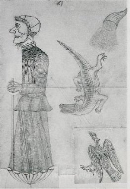 Witch with eagle, crocodile and cornucopia