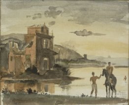 Horseman and bather with house