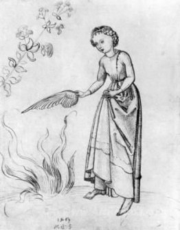 Young Woman Fanning a fire with a bird's wing