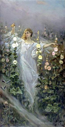 Girl Between Hollyhocks