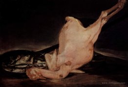 Still life, plucked turkey and pan with fish