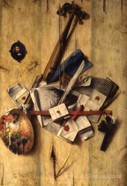 Trompe l'oeil with violin, painter's implements and self-portrai