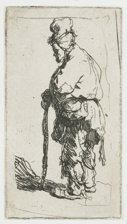 Beggar leaning on a stick, facing left