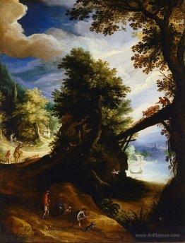 A wooded landscape with a bridge and sportsmen at the edge of th