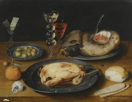 Still Life of a Roast Chicken, a Ham and Olives on Pewter Plates