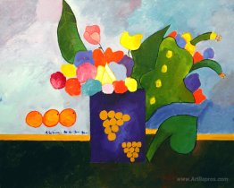 Vase With Flowers and Fruit