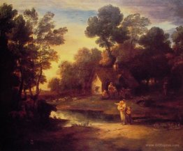 Wooded Landscape with Cattle by a Pool and a Cottage at Evening