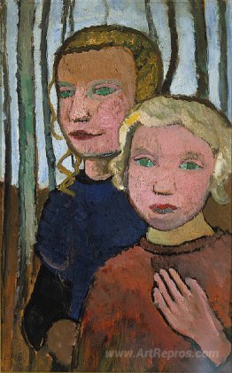 Two Girls in Front of Birch Trees