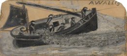 Boat with Fishermen Letting Out Nets