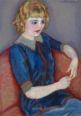 Girl at a red sofa