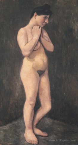 Standing female nude, her arms located in front of the chest