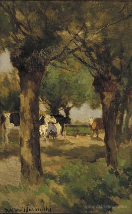 Milking cows underneath the willows