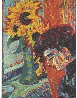 Head of a Woman in Front of Sunflowers