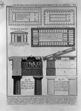 Plan, elevation and details of Doric temples in Greece (from Le