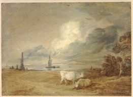 Coastal scene with shipping, figures and cows