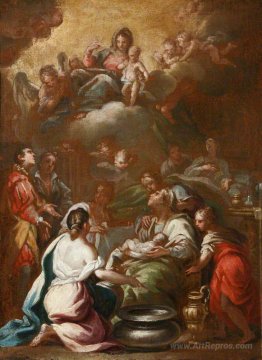 The Birth of the Virgin with the Virgin and Child in Glory