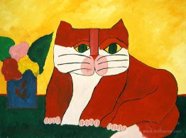 Red Cat and Vase With Flowers